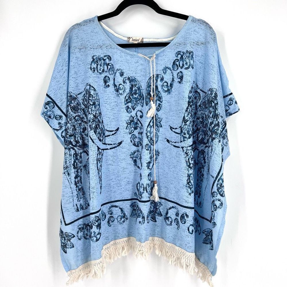 Janice Gauzy Fringe Coverup Elephant Motif One Size Large XL‎ medium Swim